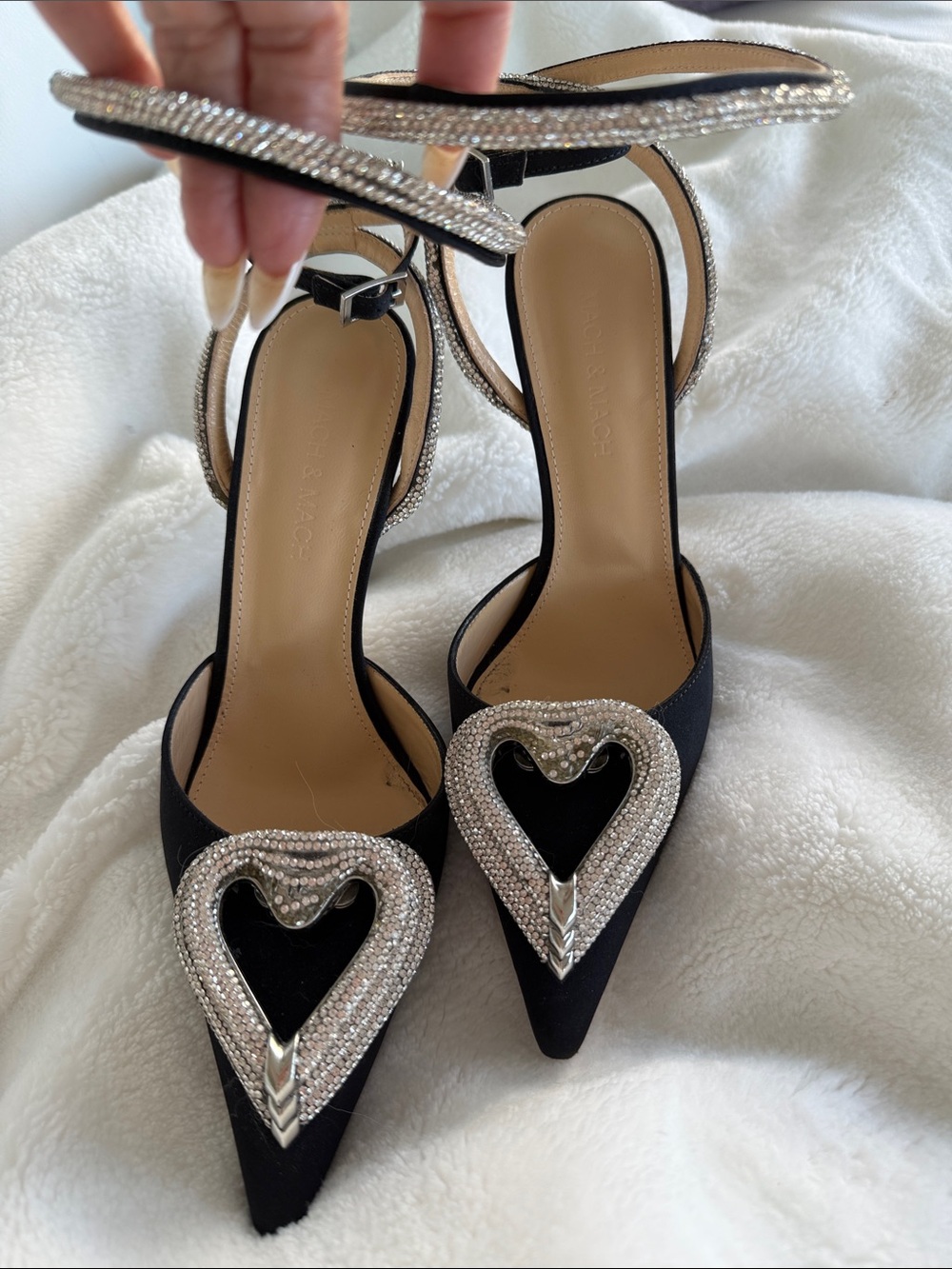MACH & MACH Black Pointed Slingback Heels with Crystal Heart